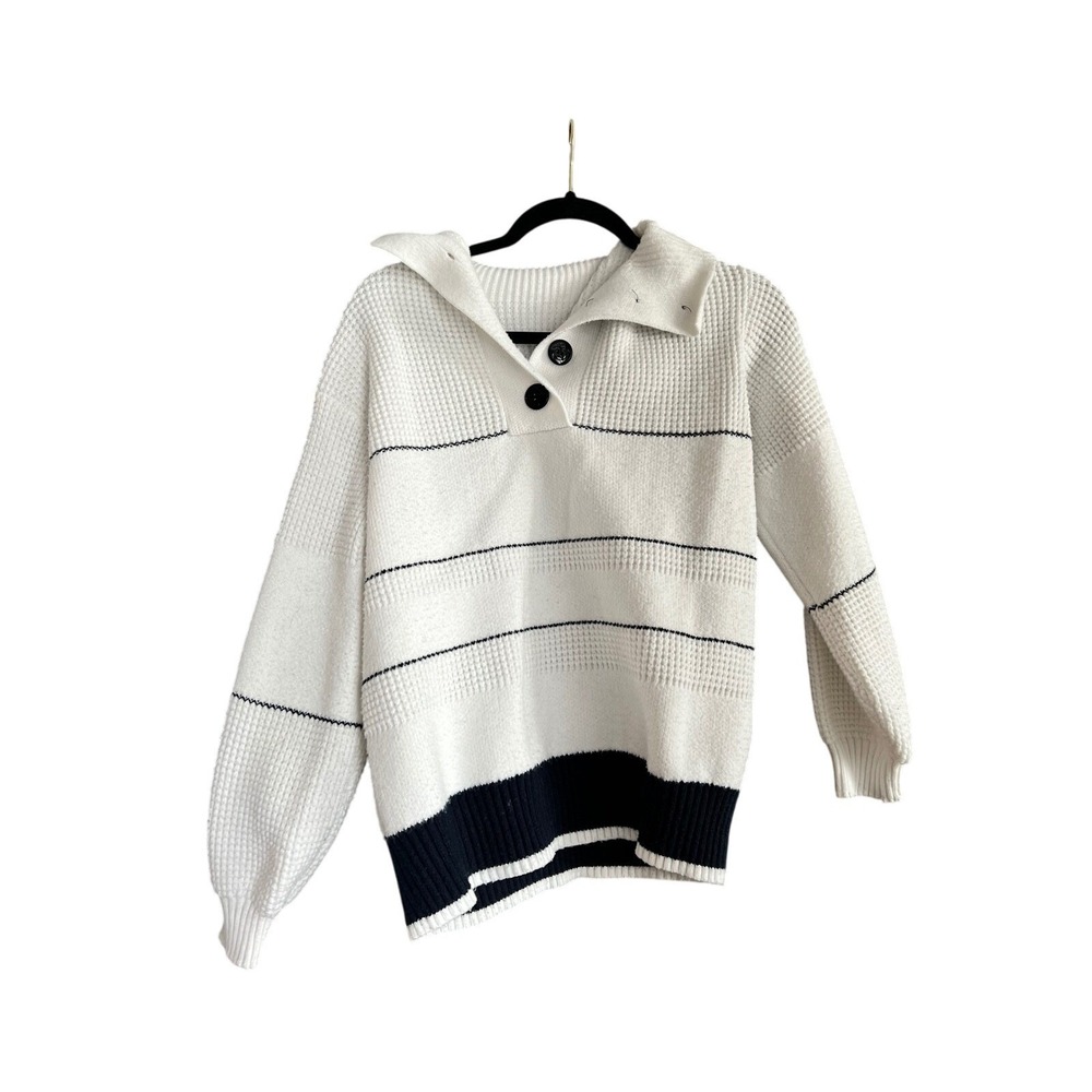 NWOT Commense Women's Striped Knit Sweater‎ Button Up Collar White Black Size S